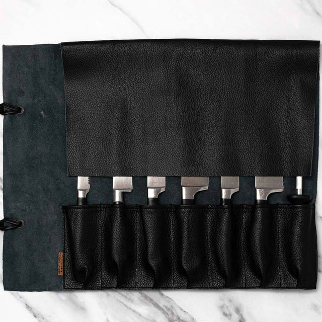 Soft Black Leather Knife Roll 7 Pocket