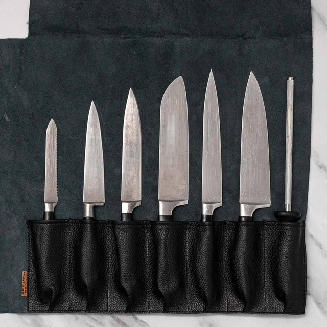 Soft Black Leather Knife Roll 7 Pocket