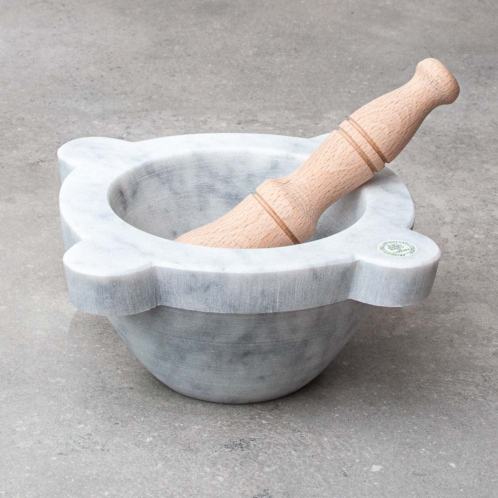 Genoese White Carrara Marble Italian Mortar and Pestle in Beechwood 20cm