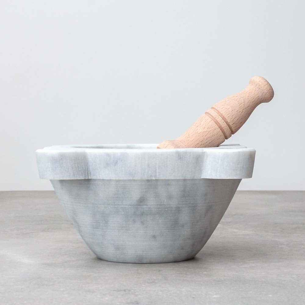 Genoese White Carrara Marble Italian Mortar and Pestle in Beechwood 20cm