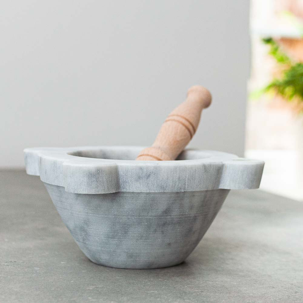 Genoese White Carrara Marble Italian Mortar and Pestle in Beechwood 20cm