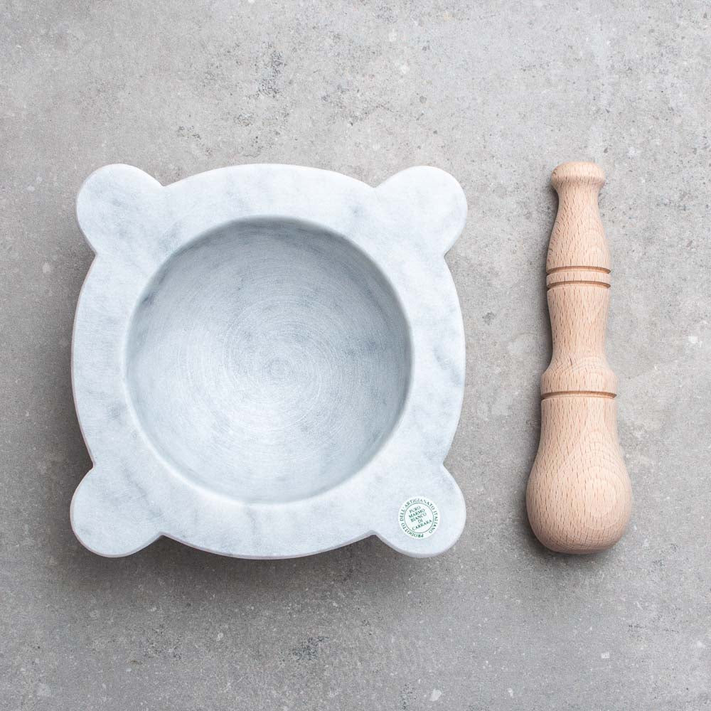 Genoese White Carrara Marble Italian Mortar and Pestle in Beechwood 20cm